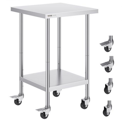 VEVOR 24x24x38-inch stainless steel work table with 4 wheels, 700 lb capacity, 3 height adjustments, ideal for heavy-duty food preparation