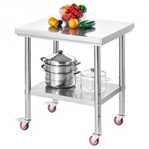 VEVOR 24x30-inch stainless steel kitchen prep table with wheels and adjustable undershelf for commercial use