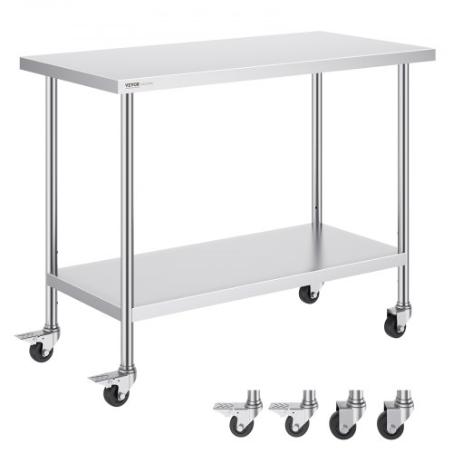 VEVOR 24x48x38-inch stainless steel worktable with 4 wheels, 3 height settings, heavy-duty for commercial kitchens