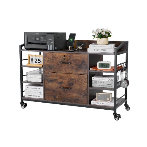 VEVOR 2-drawer metal lateral file cabinet with lock, 6 open shelves, and wooden storage featuring built-in power strip