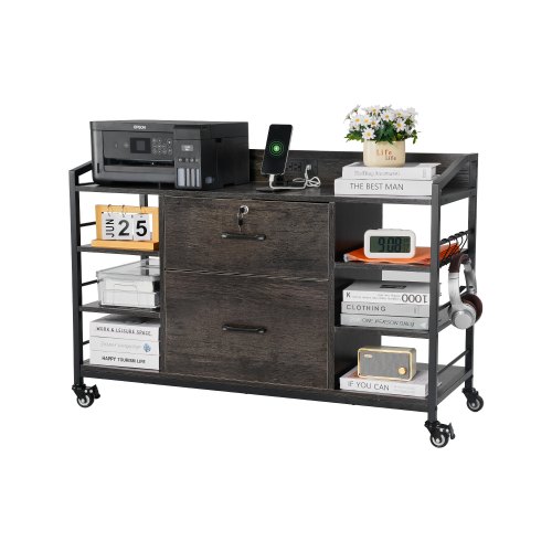 VEVOR 2-drawer metal lateral file cabinet with lock, 6 open shelves, and built-in power strip for wooden storage