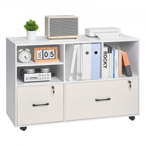 VEVOR 2-drawer wooden file cabinet, a mobile storage unit with open shelves, lockable lateral rolling design and adjustable shelves for freestanding use