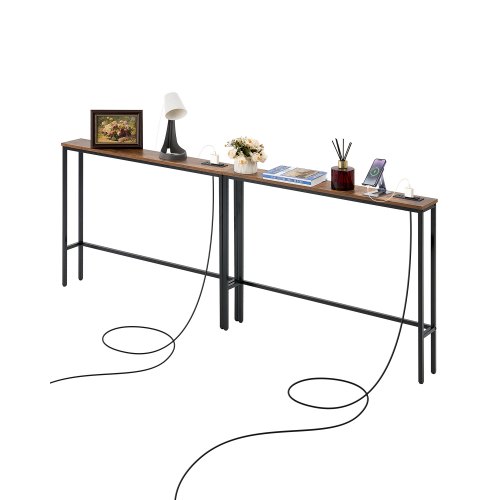 VEVOR 2-pack narrow console table with power outlets, a slim 1-tier sofa table featuring a metal frame and charging station