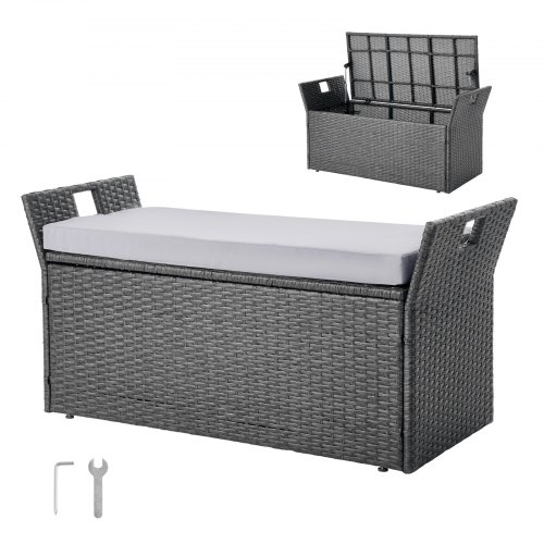 VEVOR 2-person outdoor PE rattan storage bench with cushion, 40-gallon capacity, 400-lb weight limit, weatherproof design and side handles