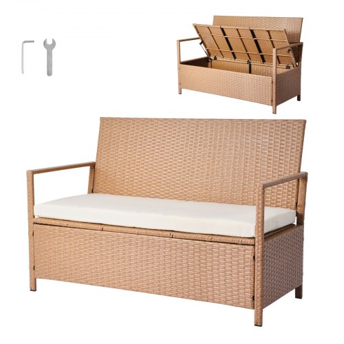 VEVOR 2-Person PE Rattan Storage Bench, 70 Gal Weatherproof Deck Box with Cushion, Supports 265 lbs Outdoor Seating