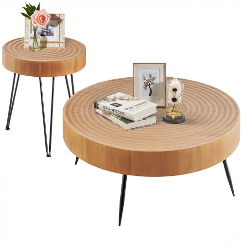 VEVOR 2-piece round coffee table set with 31.3-inch industrial-style living room table and matching end table, featuring easy assembly and metal accents