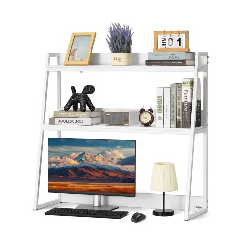 VEVOR 2-Tier Desktop Bookshelf Organizer, 37.4" x 12.6" x 35.4" Office Storage Rack with Hutch Display Shelf