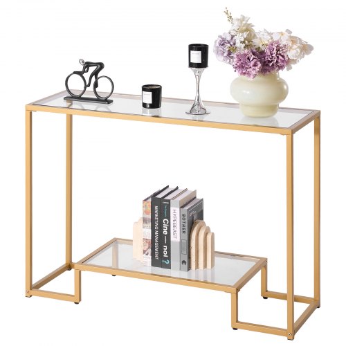 VEVOR 2-Tier Glass Console Table, Modern Rectangle Sofa Side Table with Tempered Glass Top and Iron Legs, Golden Consloe Desk with Anti-Tip Device for

Modern golden console table with two tempered glass tiers, iron legs, and anti-tip design, perfect as a sofa side table