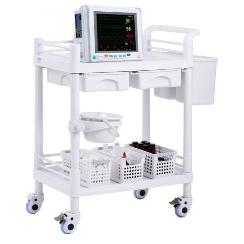 VEVOR 2-tier lab cart with 2 trays, 2 drawers, and 4 quiet wheels, mobile medical cart featuring PP material