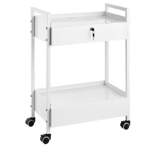 VEVOR 2-tier stainless steel medical cart with drawers, white rolling lab cart featuring swivel casters