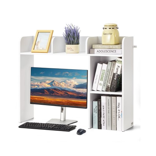 VEVOR 2-Tier Wooden Desktop Bookshelf, 37.2" x 9.5" x 28.9" Office Storage Organizer with Hutch