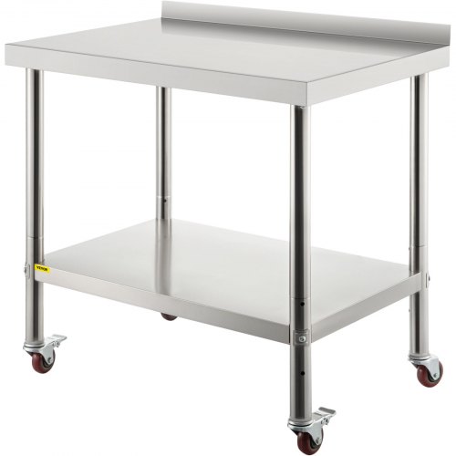 VEVOR 30x24x35-inch stainless steel worktable with backsplash, adjustable shelf, and 4 casters supports up to 440 lbs