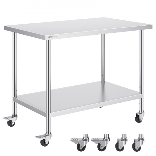 VEVOR 30x48x38-inch stainless steel worktable with 4 wheels, 3 height settings, heavy-duty for commercial kitchens