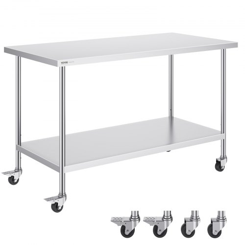 VEVOR 30x60x38-inch stainless steel work table with 4 wheels, 3 height adjustments, heavy-duty for commercial kitchens