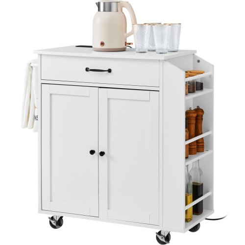VEVOR 32" Kitchen Island Cart with Storage, Power Outlet, Spice Rack, Towel Holder, Adjustable Shelf, and Drawer