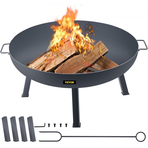 VEVOR 34-inch round carbon steel fire pit bowl for outdoor wood burning in patios, backyards, and camping, featuring a drain hole