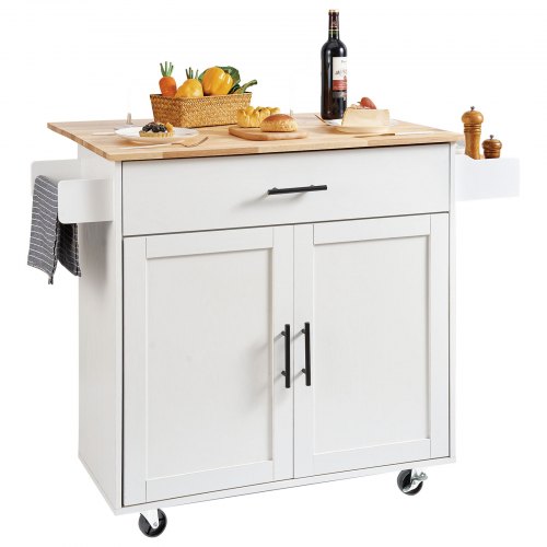 VEVOR 35.4" wide kitchen island cart featuring solid wood top, storage cabinet, spice rack, towel holder, and wheels for mobility