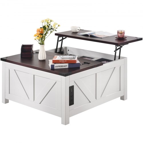 VEVOR 36" Farmhouse Coffee Table with Hinged Lift Top, Built-in Power Outlet, Rustic Wood Design for Living Spaces