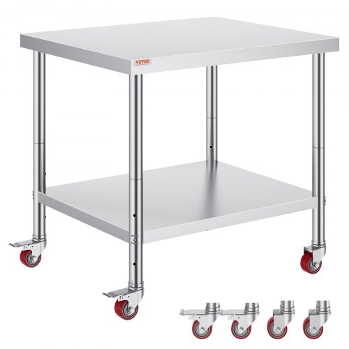 VEVOR 36x30x34-inch stainless steel work table with 700 lb capacity, 4 wheels, and 3 height adjustments for heavy-duty food prep
