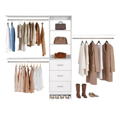 VEVOR 3-drawer closet system with adjustable height, featuring modern walk-in wardrobe organization and 3 retractable garment hangers