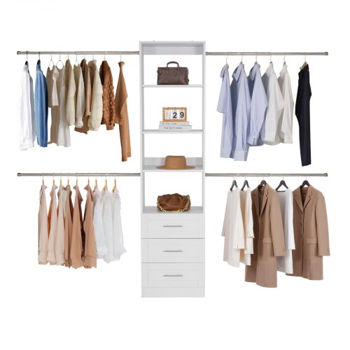 VEVOR 3-drawer closet system with adjustable height, modern walk-in wardrobe organizer featuring 4 retractable garment rods