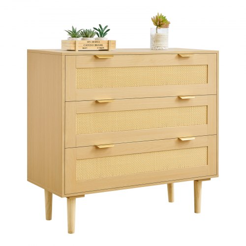 VEVOR 3-drawer rattan dresser, modern bedroom storage unit with natural rattan construction, metal handles and wooden legs for clothing organization