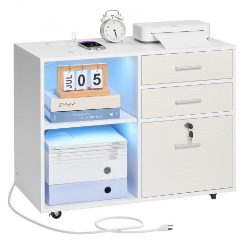 VEVOR 3-drawer wooden file cabinet with light strip, lockable rolling storage featuring adjustable shelves and 5 wheels