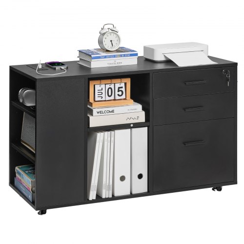VEVOR 3-drawer wooden file cabinet with power outlet, lockable rolling storage featuring adjustable shelves and 5 wheels