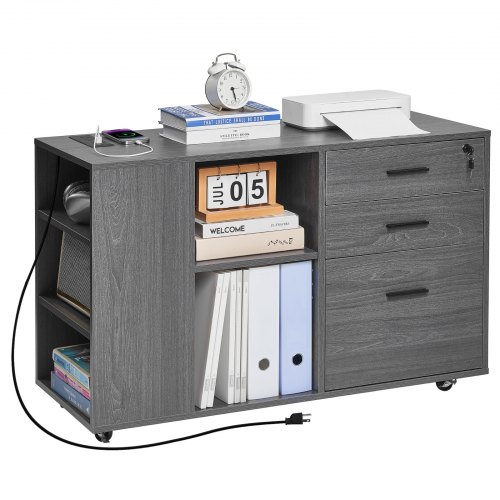 VEVOR 3-drawer wooden file cabinet with power outlet, lockable rolling storage featuring adjustable shelves and 5 wheels