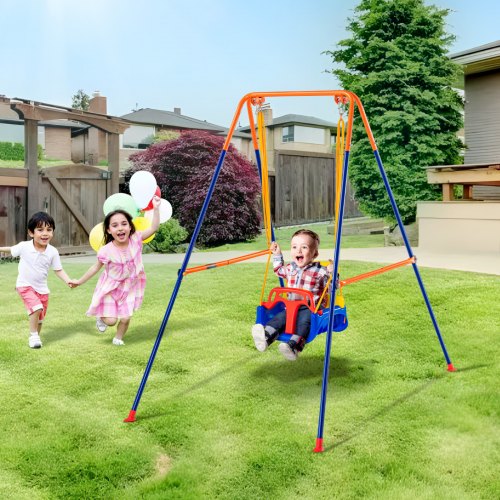 VEVOR 3-in-1 toddler swing set with metal stand, 4 sandbags for stability, easy assembly, suitable for indoor/outdoor use by kids aged 3-6