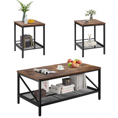 VEVOR 3-piece living room table set, 41.3-inch industrial coffee table with 2 matching square side tables, easy-to-assemble coffee and end table combo