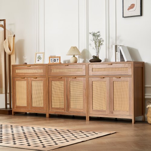 VEVOR 3-piece rattan cabinet set featuring 6 magnetic doors, 3 drawers, and adjustable shelves for hallway storage