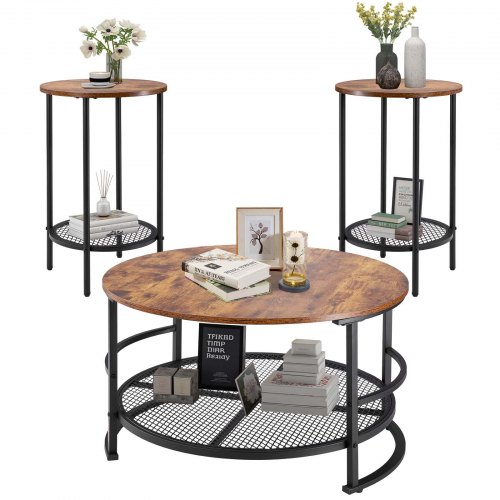 VEVOR 3-piece round coffee table set with two side tables, 31.5-inch industrial living room furniture, easy-to-assemble metal frame design