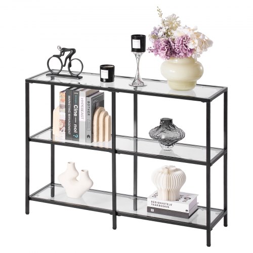 VEVOR 3-Tier Glass Console Table, Modern Rectangle Sofa Side Table with Tempered Glass Top and Iron Legs, Golden Consloe Desk with Anti-Tip Device