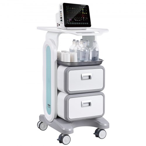 VEVOR 3-tier lab cart featuring 2 drawers, 1 top tray, ABS construction, and 4 quiet wheels