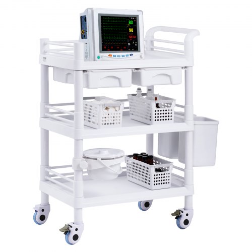 VEVOR 3-tier lab cart with PP trays, 4 quiet wheels, and 3 trash bins for mobile medical use