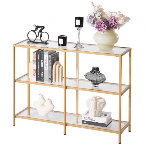 VEVOR 3-Tier Modern Glass Side Table with Golden Iron Legs and Anti-Tip Design