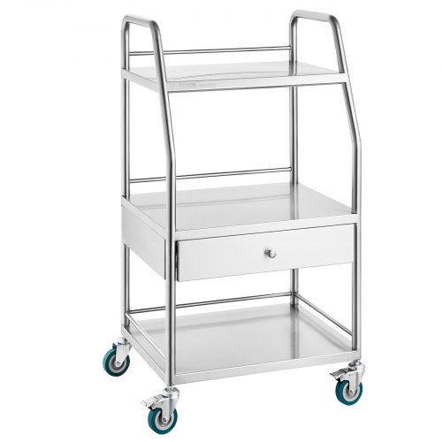 VEVOR 3-tier stainless steel lab cart with drawer and lockable wheels for medical or dental use