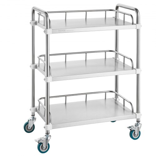 VEVOR 3-tier stainless steel lab cart with swivel wheels for clinics, hospitals, and dental labs