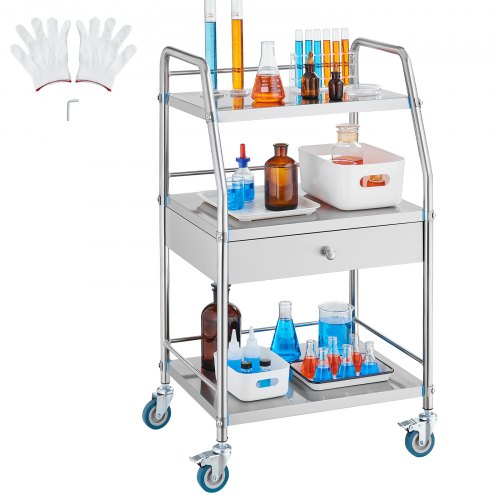 VEVOR 3-tier stainless steel service cart with drawer, lockable wheels for medical or dental use