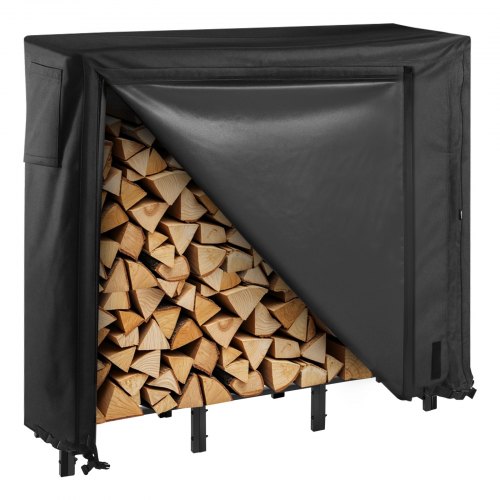 VEVOR 4 ft outdoor firewood rack with waterproof cover, holds 1/4 cord and supports up to 400 lbs, fully covered metal log storage