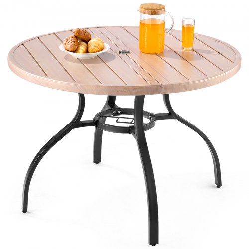 VEVOR 41-inch round outdoor dining table with steel slats, wood-like finish, umbrella hole, and weather-resistant design for patio seating