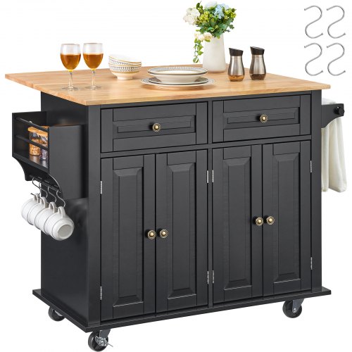 VEVOR 43" Kitchen Cart with Wood Top, Mobile Storage Cabinet, Drop Leaf Table, Spice Rack, Towel Holder, Adjustable Shelf and Drawer