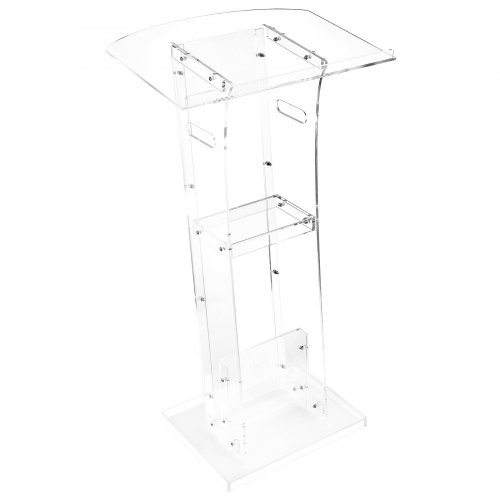 VEVOR 43-inch acrylic lectern stand, a portable laptop desk featuring a spacious reading surface, storage shelf, book stopper, and floor-standing design for classroom use