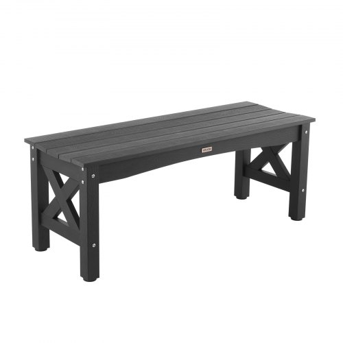 VEVOR 44.5-inch outdoor bench with 600-lb capacity, weather-resistant plastic frame featuring adjustable leveling feet and sturdy legs for patios