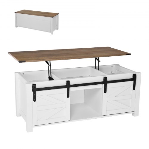 VEVOR 47.2-inch rustic farmhouse coffee table with lift-top design, barn door storage, and hidden compartments for modern living spaces