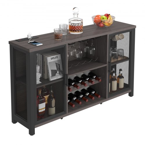 VEVOR 47-inch industrial-style bar cabinet, a wooden wine table for liquor and glasses, featuring a sideboard buffet design with a built-in wine rack, a freestanding farmhouse coffee bar