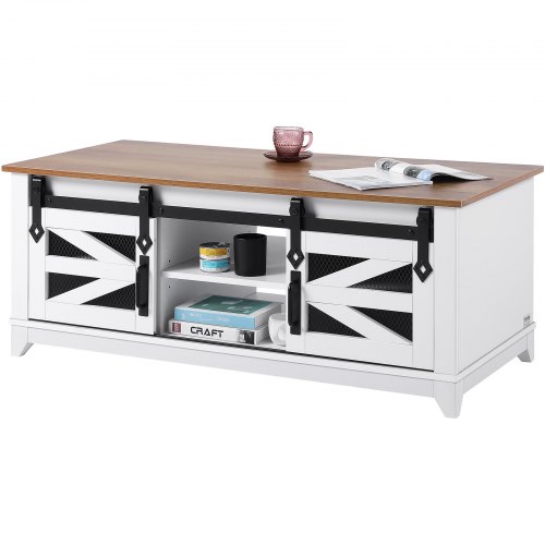 VEVOR 48" Farmhouse Coffee Table featuring 2 sliding barn doors and removable shelves, a rustic wooden two-tier design for living spaces