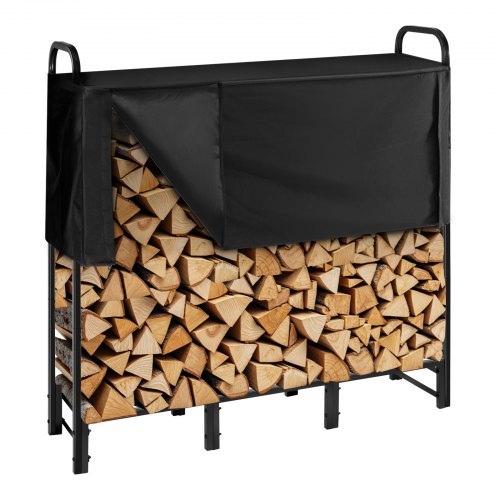 VEVOR 4ft firewood rack with waterproof top cover, outdoor log storage holder for 1/4 cord capacity, sturdy metal frame supports up to 400 lbs