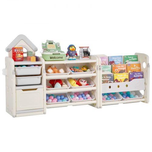 VEVOR 4-tier kids' toy organizer with bookshelf and 10 removable plastic bins, a study room storage cabinet with cubby shelves